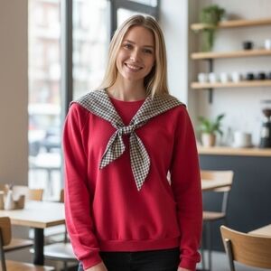 Jerzees Upcycled Red Sweatshirt with Checkered Collar and Quilted Cats Vintage